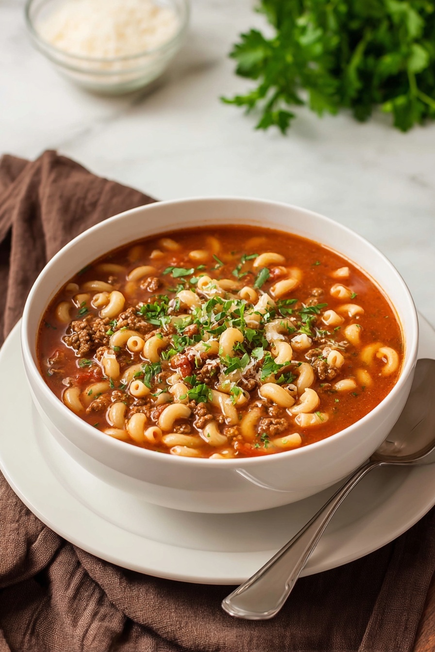 Beef Goulash Soup with Tomato and Pasta Recipe - Serving
