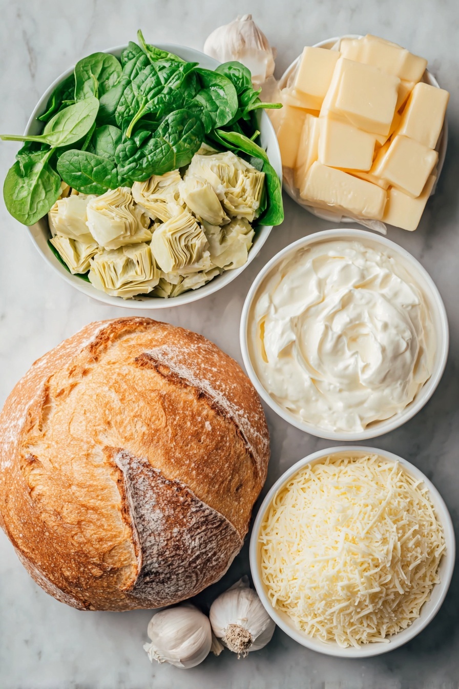Baked Spinach Artichoke Dip in a Bread Bowl Recipe - Ingredients