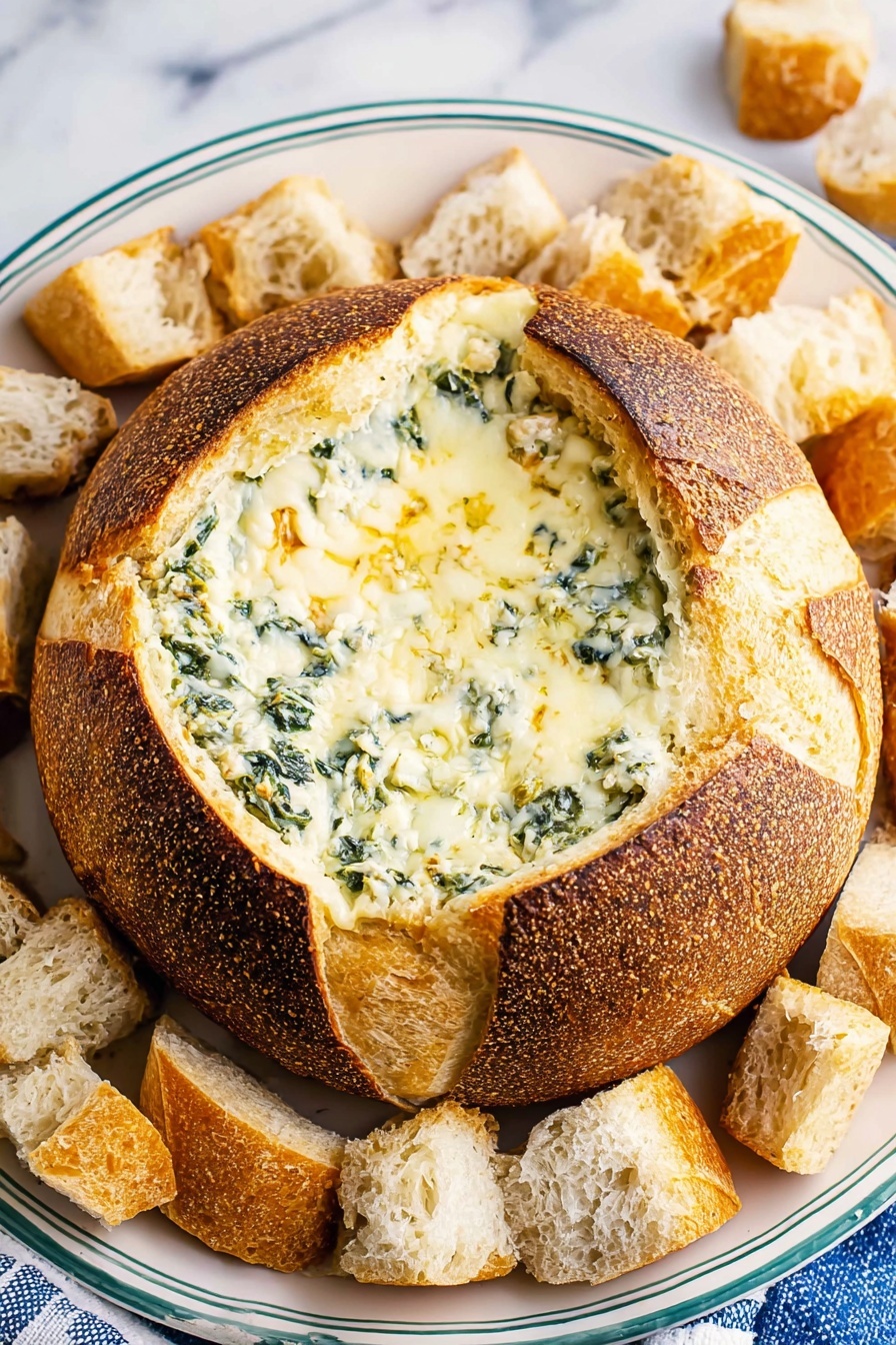 Baked Spinach Artichoke Dip in a Bread Bowl Recipe - Serving