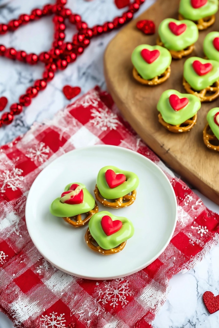 Grinch Pretzel Bites with Caramel and Candy Coating Recipe - Serving