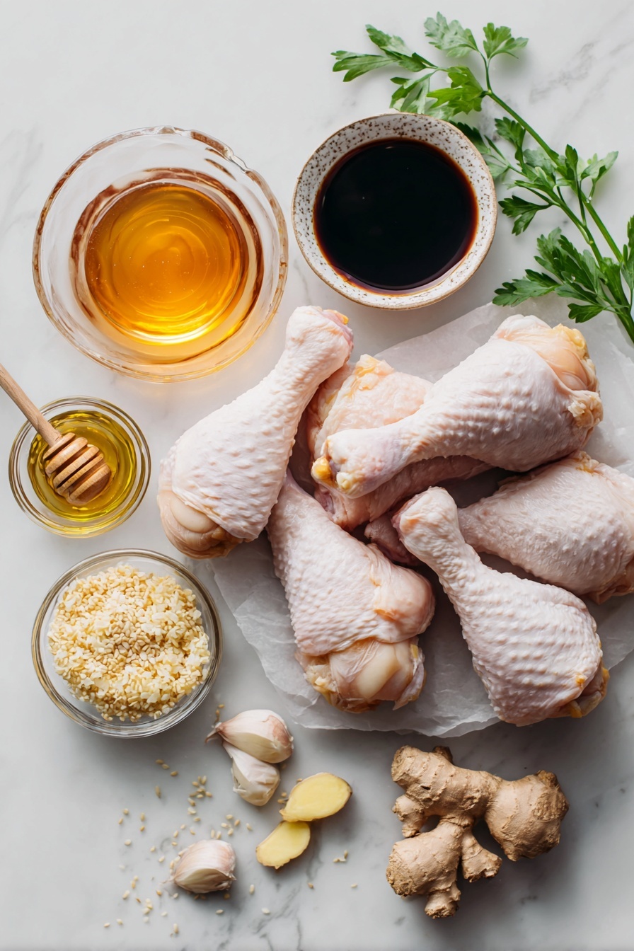 Flat lay of raw chicken drumsticks with skin, fresh minced garlic cloves, peeled and grated ginger root, a small bowl of golden honey, a small bowl of dark soy sauce, whole fresh parsley sprigs, and a small glass container of sesame oil, all beautifully arranged with a few scattered garlic cloves and ginger slices, placed on a white marble surface, photo taken with an iphone --ar 2:3 --v 7 - Honey Soy Chicken Drumsticks, easy chicken dinner, flavorful chicken recipes, baked chicken drumsticks, quick family-friendly dinners